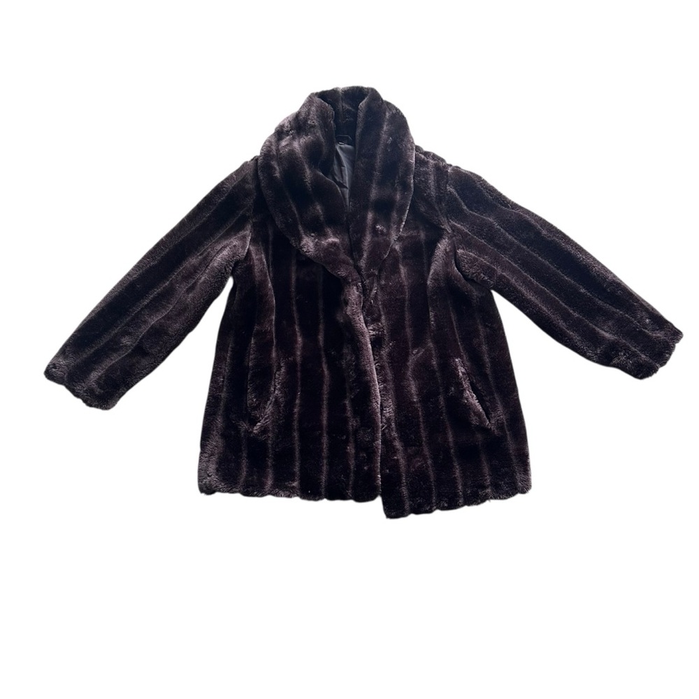Brown‎ Faux Fur Coat Shawl Collar Plush Ribbed Jacket Size M